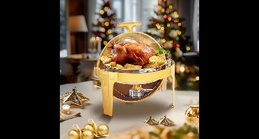 Chafing Dish - Warmhoudplaat - Buffetwarmer Set - Rechaud - Ronde RVS Warmer - 1 Stuks - 6QT - met Stevig Frame voor Feest en Bruiloft - Goud