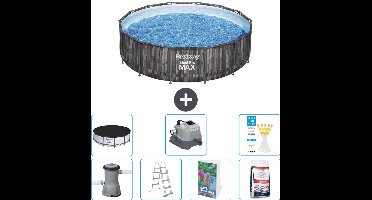 Bestway Rond Steel Pro MAX Zwembad - Houtprint - 427 x 107 cm - Inclusief Pomp - Ladder - Afdekzeil - Zoutwatersysteem - Zwembadzout - 8-delig