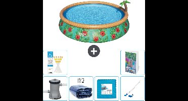 Bestway Rond Opblaasbaar Fast Set Zwembad - Paradijsprint - 457 x 84 cm - Inclusief Pomp Solarzeil - Vloertegels - Stofzuiger - 7-delig