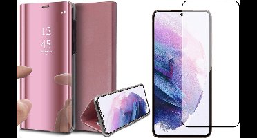 Hoesje geschikt voor Samsung Galaxy S21 - Screen Protector FullGuard - Book Case Spiegel Roségoud & Screenprotector