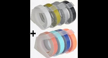 DESQ® SET Lettertapes 9 mm | 8 stuks | 3mtr per rol| Baby Roze, Mint, Baby Blauw, Oranje, Zwart, Zilver, Goud en transparant | Voor Dymo Junior/Omega en DESQ 5001