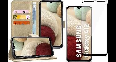 Hoesje geschikt voor Samsung Galaxy A12 - Screen Protector FullGuard - Book Case Kunstleer Pasjeshouder Goud & Screenprotector