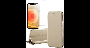 Hoesje geschikt voor iPhone 12 Mini - Screen Protector GlassGuard - Book Case Kunstleer ThinShield Goud & Screenprotector