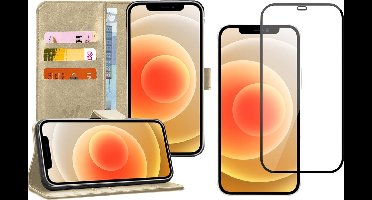 Hoesje geschikt voor iPhone 12 Mini - Screen Protector FullGuard - Book Case Kunstleer Pasjeshouder Goud & Screenprotector