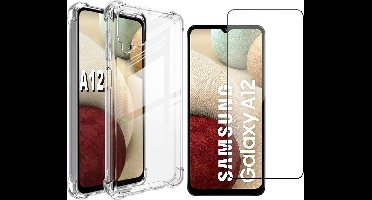 Hoesje geschikt voor Samsung Galaxy A12 - Anti Shock Proof Siliconen Back Cover Case Hoes Transparant - Tempered Glass Screenprotector
