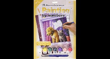 Schilderen op nummer - Paint by numbers - Dieren - Hond en poes kijken uit het raam naar een muisje 22x30cm - Schilderen op nummer volwassenen - Paint by numbers volwassenen