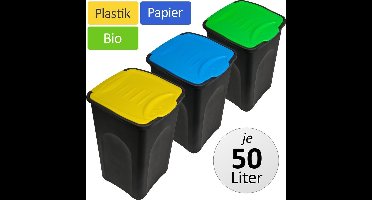 Stefanplast® 3X 50L Set afvalemmer met klapdeksel 56 x 37 x 39 cm – prullenbak afvalscheidingssysteem