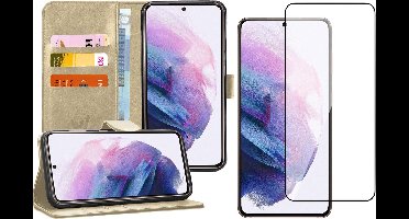 Hoesje geschikt voor Samsung Galaxy S21 - Screen Protector FullGuard - Book Case Kunstleer Pasjeshouder Goud & Screenprotector