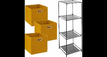 Kastmandjes/opberg manden - geel - 3x stuks van 29 Liter - In metalen rekje van 34 x 98 cm