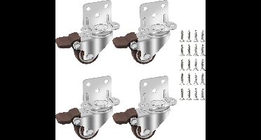 Zwenkwielenset 32 mm, 4 stuks meubelwielen van TPE, transportwielen met 20 schroeven, wielen met rem, zwenkwielen met L-montageplaat, rubberen wielen, geschikt voor wiegjes, meubels, bloemenstandaard