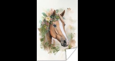 Poster Paard - Bloemen - Natuur - Waterverf - Dieren - 20x30 cm