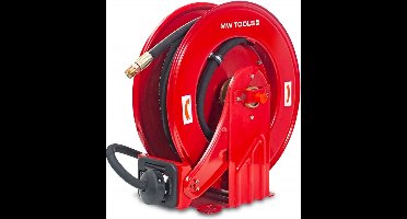 Haspel perslucht olie en water 15 m Ø 1/2 160 bar Gepoederlakt staal met automatische oprol en vaste muurbeugel MW Tools SHAW1215