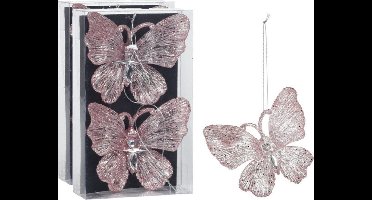 Christmas Decoration kersthangers vlinders - 4x - roze glitter - 15 cm