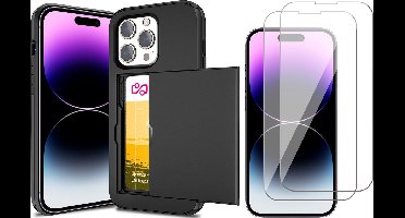 Hoesje met Pasjeshouder geschikt voor iPhone 13 Pro - 2x Screen Protector GlassGuard - Back Cover SlideCase Zwart & Screenprotector