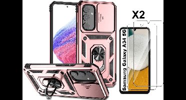 Hoesje Geschikt Voor Samsung Galaxy A34 hoesje Rose Goud met Ring Houder en camera bescherming - Galaxy A34 Screenprotector - 2 stuks