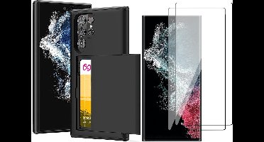 Hoesje met Pasjeshouder geschikt voor Samsung Galaxy S23 Ultra - 2x Screen Protector FullGuard - Back Cover SlideCase Zwart & Screenprotector