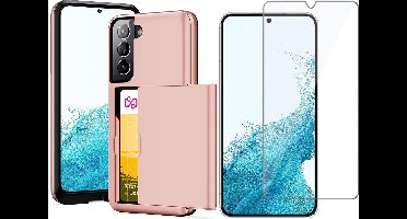 Hoesje met Pasjeshouder geschikt voor Samsung Galaxy S22 Plus - Screen Protector GlassGuard - Back Cover SlideCase Roségoud & Screenprotector