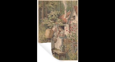 Muurstickers - Sticker Folie - Illustratie van een vrouw bij een huisje in het bos - 20x30 cm - Plakfolie - Muurstickers Kinderkamer - Zelfklevend Behang - Zelfklevend behangpapier - Stickerfolie