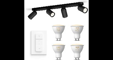 Philips Hue Pongee Opbouwspot (Zwart) - Warm tot Koelwit Licht - Incl. Hue Dimmer Switch - Plafondspot met 4 Lichtpunten - GU10 - Hue White Ambiance