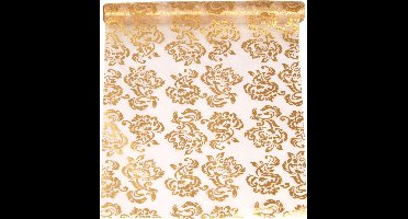 PartyDeco - Organza wit met print goud (9 mtr)