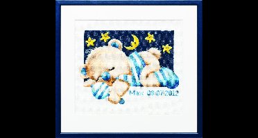 Pako - Borduurpakket met telpatroon - geboorte - 238.616 - Voorgesorteerde DMC Garens - Teddybeer onder de sterren Jongen - Aida - 23 x 19 cm - DIY Kit
