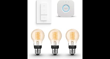 Philips Hue Starterspakket - E27 - met 3 Filament Standaard Lampen (A60) - Warmwit Licht - Incl. 1 Hue Bridge, 1 Hue Dimmer Switch - Hue White Filament