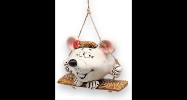 MadDeco - tuindecoratie - boomhanger - muis op schommel - handgemaakt product uit Oekraïne - keramiek
