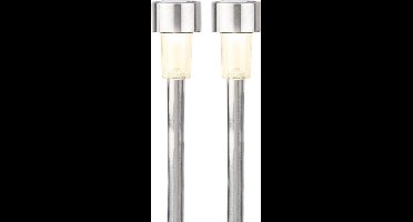 Lumineo buiten prikspot/steker solar - 2x - LED - zilver - H36 cm - warm wit
