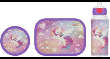 Mepal lunchset (pop-up fles, lunchbox & fruitbox) Campus - 400 + 750 + 300 ml - Broodtrommel en Drinkbeker voor kinderen - Bento box - Pop-up drinkfles - Unicorn Glow