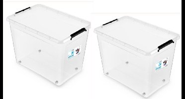 Opbergbox met deksel -opbergdoos - Opbergbox - Met wielen - Set van 2 - XL 80L met clips