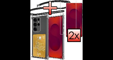 Hoes Geschikt voor Samsung S25 Ultra Hoesje Pasjeshouder Cover Met Koord Shock Proof Case Siliconen Hoes Met Telefoonkoord en Kaarthouder Met 2x Screenprotector - Transparant