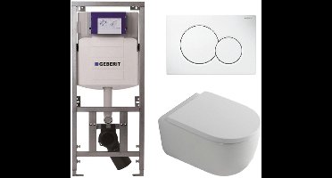 QeramiQ Dely Swirl Toiletset - 36.5x53cm - Geberit UP320 inbouwreservoir - met Burda frame - 35mm zitting - witte sigma bedieningsplaat - ronde knoppen - wit mat
