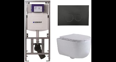 QeramiQ Dely Swirl Toiletset - 36.3x51.7cm - Geberit UP320 inbouwreservoir - met Burda frame - slim zitting - mat zwarte bedieningsplaat - ronde knoppen - wit glans