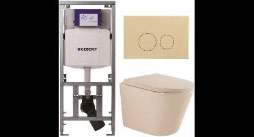 QeramiQ Dely Toiletset - 36.3x51.7cm - diepspoel - rimless - Geberit UP320 inbouwreservoir - softclose toilet zitting 35 mm - bedieningsplaat beige - ronde knoppen - mat beige