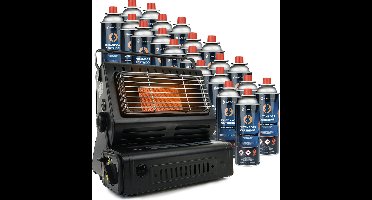 Eurocatch Gaskachel & Kooktoestel in 1 - Incl. 20 Butaan Gasbussen - Heater - Kachel - Terrasverwarmer - Camping gaskachel - Gas Heater - Verstelbaar - Draagbaar