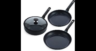 BK Blue Label Induction 3-delige pannenset - Koekenpan 24/28cm - Hapjespan met deksel 24cm - PFAS vrij - zwart- koelgrepen - ovenbestendig tot 160°