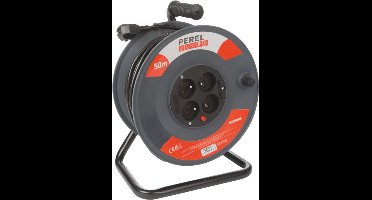 Perel Kabelhaspel, kabeltrommel, voor gebruik binnenshuis, verlengkabel, stroomhaspel, kabelbox, 4 stopcontacten type E, thermische beveiliging, 50 m, 3G1.5, grijs/zwart