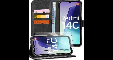 Hoesje geschikt voor Xiaomi Redmi 14C / Redmi A4 / Poco C75 - Screenprotector Glas - Portemonnee Book Case Zwart