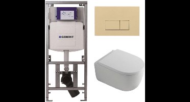 QeramiQ Dely Swirl Toiletset - 36.3x51.7cm - Geberit UP320 inbouwreservoir - met Burda frame - 35mm zitting - bedieningsplaat beige - rechthoekige knoppen - wit glans