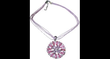 Ketting met ronde hanger bloem blaadjes strass stenen roze