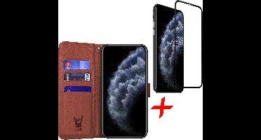 Hoesje geschikt voor iPhone 11 Pro Max - Bruin Book Cover Kunstleer Wallet + Screenprotector Glas FullGuard