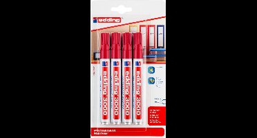 edding 3000 permanent marker - rood - 4 stiften - ronde punt 1,5-3 mm - water en wrijfvast - voor karton, kunststof, hout, metaal, etc. - alcohol markers voor volwassenen