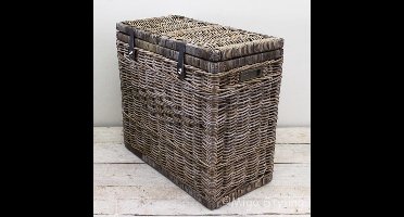 Duo wasmand met leren riem-70x35xH65-Riet-Rotan