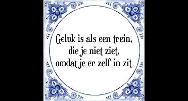 Tegeltje met Spreuk (Tegeltjeswijsheid): Geluk is als een trein, die je niet ziet, omdat je er zelf in zit + Kado verpakking & Plakhanger
