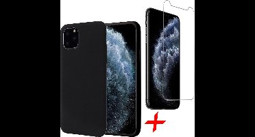 Hoesje geschikt voor iPhone 11 Pro Max - Screenprotector GlassGuard - Zwart Liquid Siliconen Case