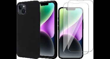 Hoesje geschikt voor iPhone 14 Plus - Matte Back Cover Microvezel Siliconen Case Hoes Zwart - 2x Tempered Glass Screenprotector