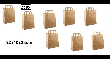 250x Papieren tas 22x10x38cm bruin kraft met platte handgreep - tas papier draagtas food tas