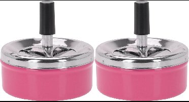 Excellent Houseware Draai asbak - Set van 2x stuks - druk asbak - rond metaal - 10 cm - roze - binnen en buiten gebruik