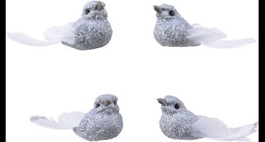 4x Decoratie glitter vogeltjes zilver op clip 5 cm - Kerstboomversiering vogels - Hobby/knutsel materiaal