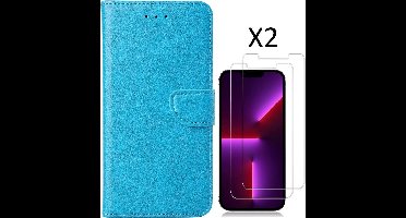 Hoesje Geschikt voor iPhone 14 Plus bookcase met 2 stuks screenprotector tempered glass – Blauw